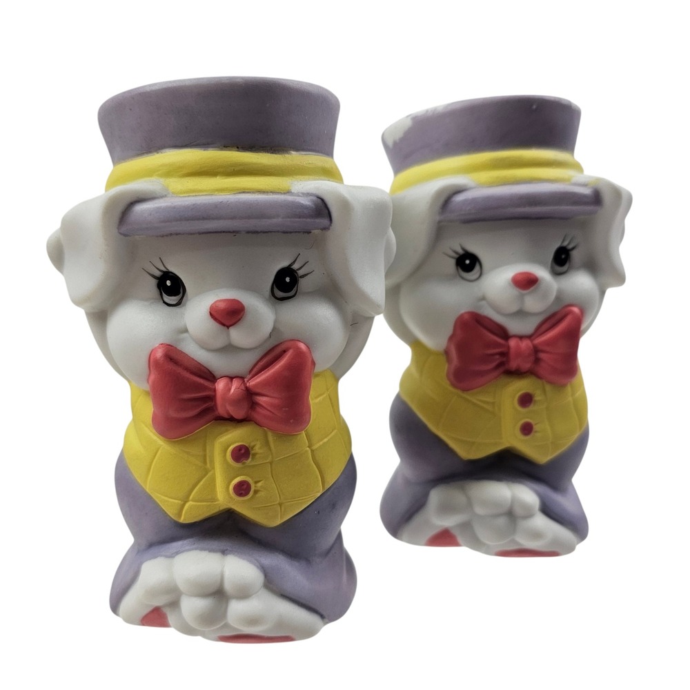 Vintage 1989 Giftco Ceramic Bunny Egg Cups Set of 2 Purple Yellow Easter Rabbit